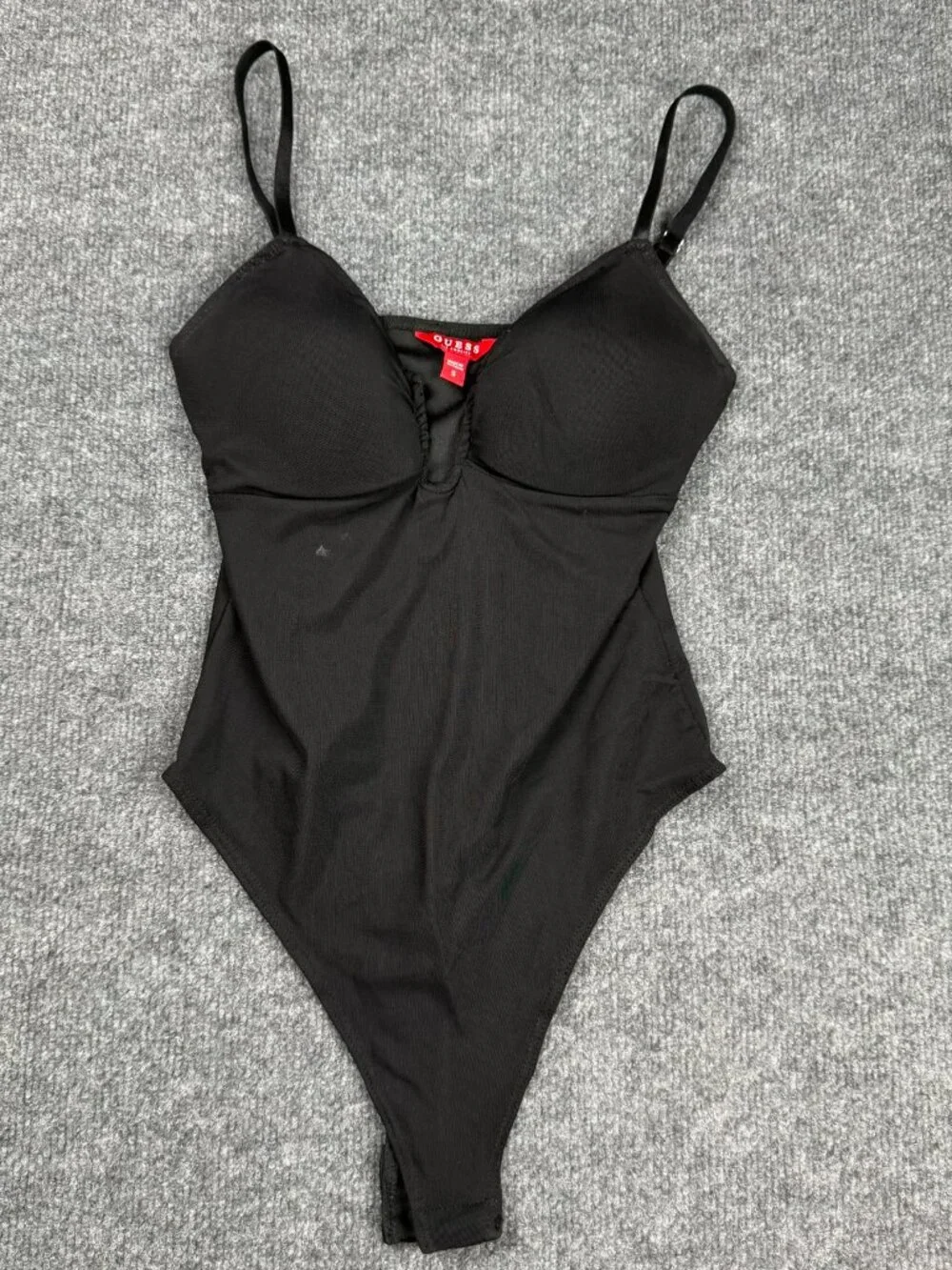 GUESS Black Thong Bodysuit Size Small Snap Crotch Sleeveless Camisole Flaw STAIN